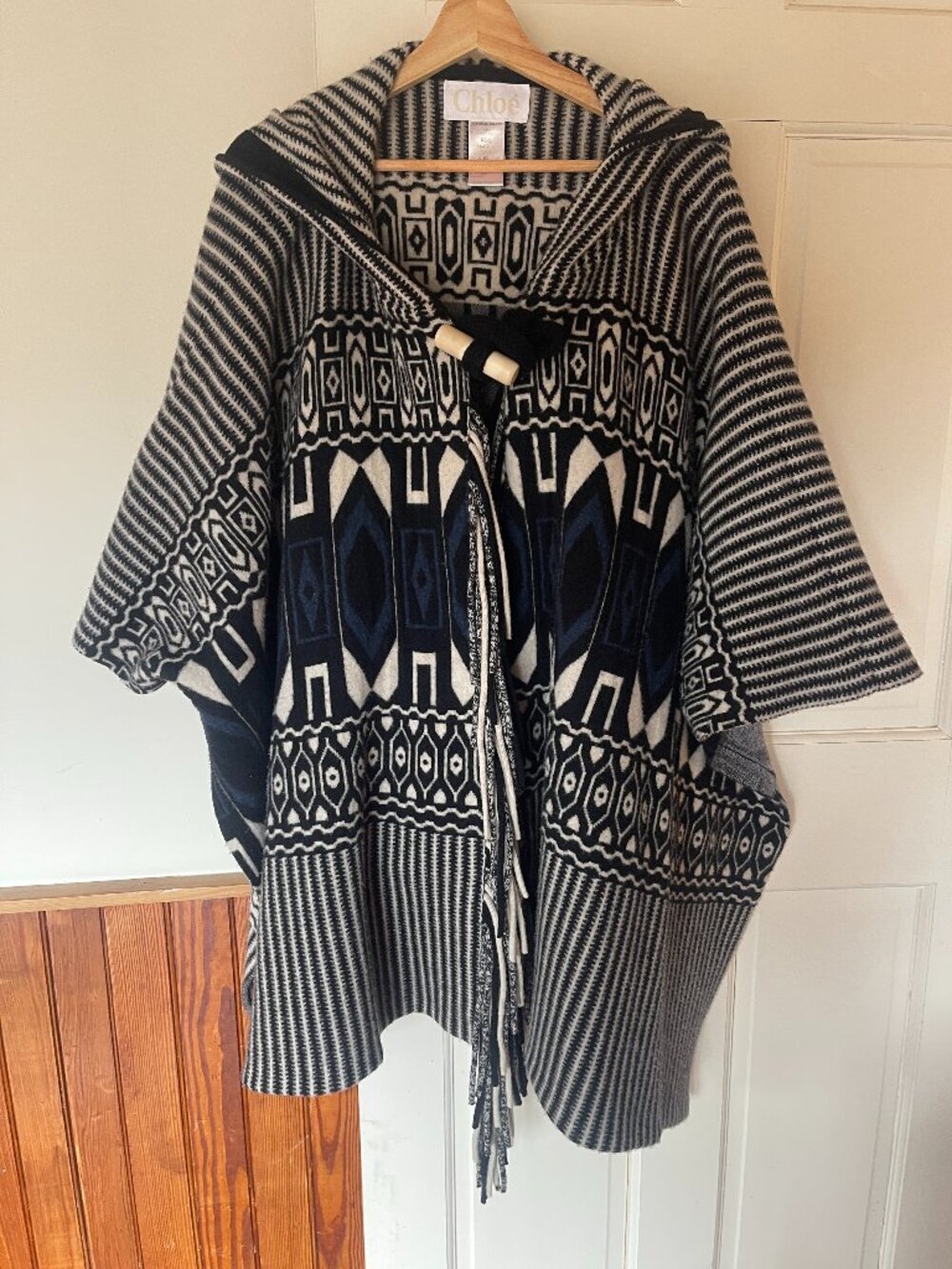 Chloe Intarsia Hooded Cape Poncho, S